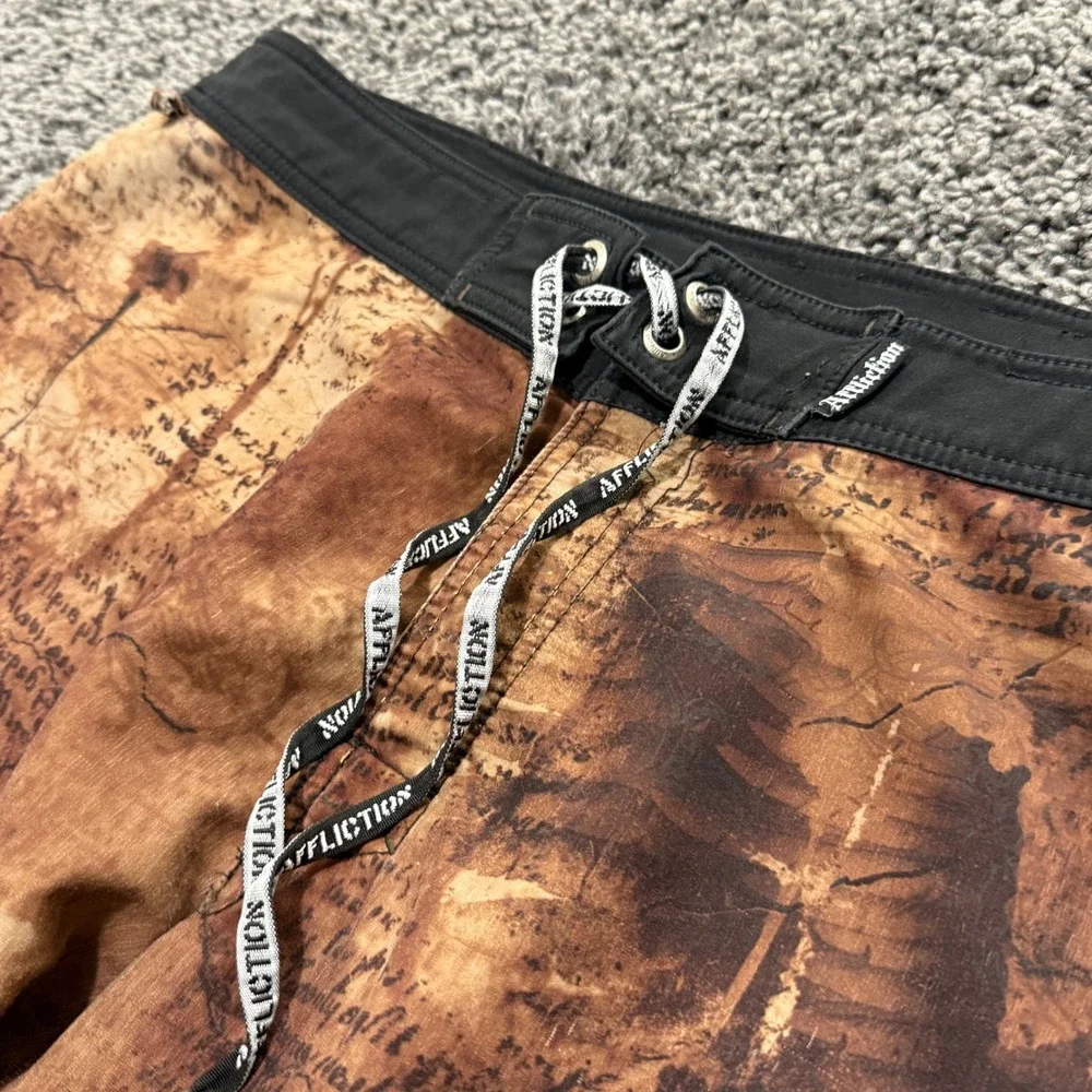 Y2K Affliction Board Shorts Mens Brown Script Graphic Swim Trunks Excellent 34